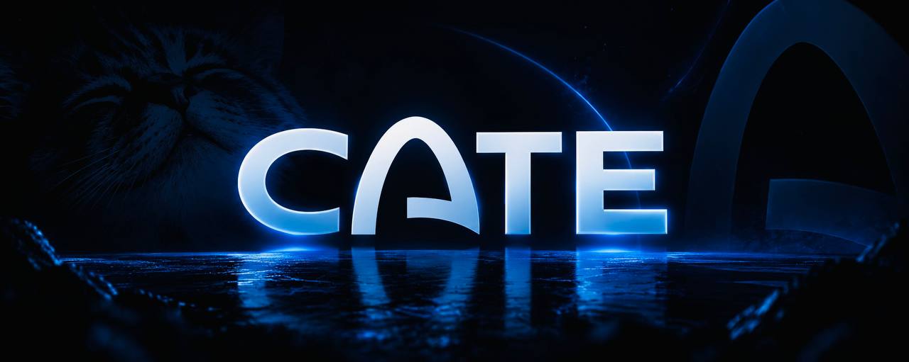 Metallic CATE lettering glowing blue over dark water